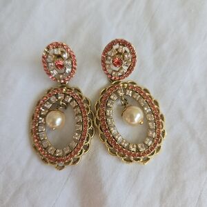 Indian Pakistani Peach Orange Gold diamond Pearl Drop Dangle earrings